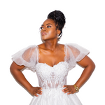 OFF WHITE TEA LENGTH GLITTER TULLE GOWN