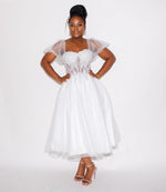 OFF WHITE TEA LENGTH GLITTER TULLE GOWN