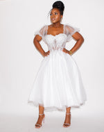 OFF WHITE  TEA LENGTH GLITTER TULLE GOWN