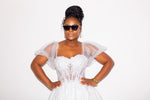 OFF WHITE TEA LENGTH GLITTER TULLE GOWN