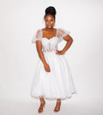 OFF WHITE  TEA LENGTH GLITTER TULLE GOWN