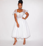 OFF WHITE  TEA LENGTH GLITTER TULLE GOWN