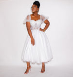 OFF WHITE TEA LENGTH GLITTER TULLE GOWN