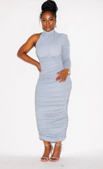 Blue One Sleeve Ruched Pencil Dress