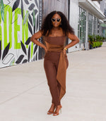CHOCOLATE BROWN DRAPED BUSTIER SATIN JUMPSUIT