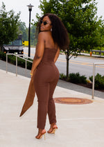 CHOCOLATE BROWN DRAPED BUSTIER SATIN JUMPSUIT