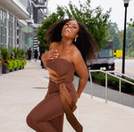 CHOCOLATE BROWN DRAPED BUSTIER SATIN JUMPSUIT