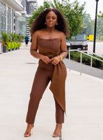 CHOCOLATE BROWN DRAPED BUSTIER SATIN JUMPSUIT