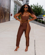 CHOCOLATE BROWN DRAPED BUSTIER SATIN JUMPSUIT