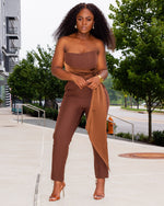 CHOCOLATE BROWN DRAPED BUSTIER SATIN JUMPSUIT
