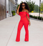 Red Off Shoulder Flared Crepe Jumpsuit