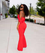 Red Off Shoulder Flared Crepe Jumpsuit