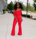 Red Off Shoulder Flared Crepe Jumpsuit