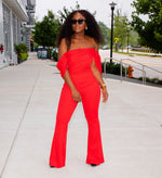 Red Off Shoulder Flared Crepe Jumpsuit