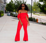 Red Off Shoulder Flared Crepe Jumpsuit