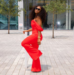 Red Off Shoulder Flared Crepe Jumpsuit