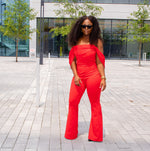 Red Off Shoulder Flared Crepe Jumpsuit