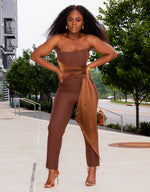 CHOCOLATE BROWN DRAPED BUSTIER SATIN JUMPSUIT