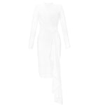 White Round Neck Long Sleeve Frill Midi Bandage Dress
