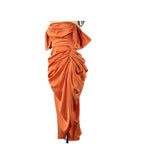 Rust Satin Draped Midi Dress