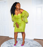 Green Off Shoulder Ruched Mesh Dress