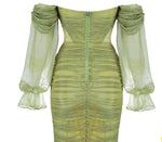 Green Off Shoulder Ruched Mesh Dress