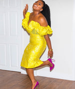 Yellow Off Shoulder Midi Bodycon Dress