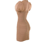 Caramel mesh ruched puff sleeve mini dress - Marcy Boutique