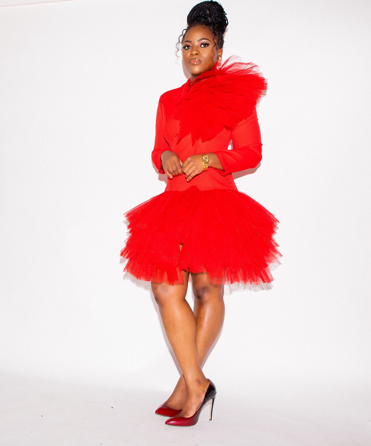 Red Ruffle Detail Suit Dress