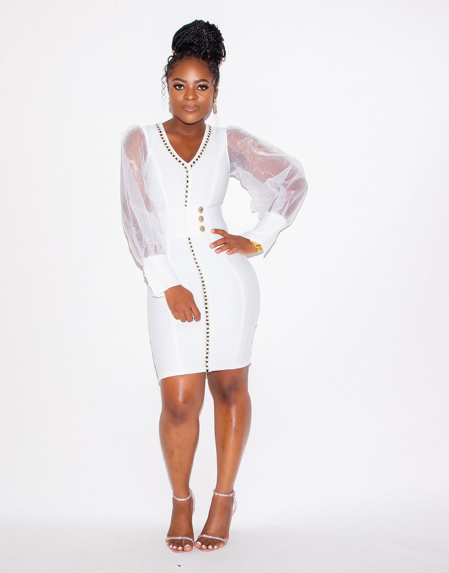 White Long Sheer Sleeve Bandage Bodycon Dress S White Long Sheer Sleeve Bandage Bodycon Dress S