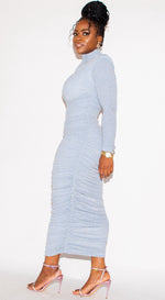 Blue One Sleeve Ruched Pencil Dress