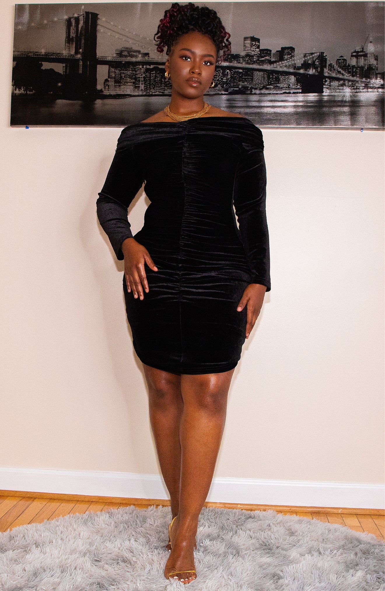 Naomi Off Shoulder Velvet Long Sleeve Dress XL / Velvet / Black