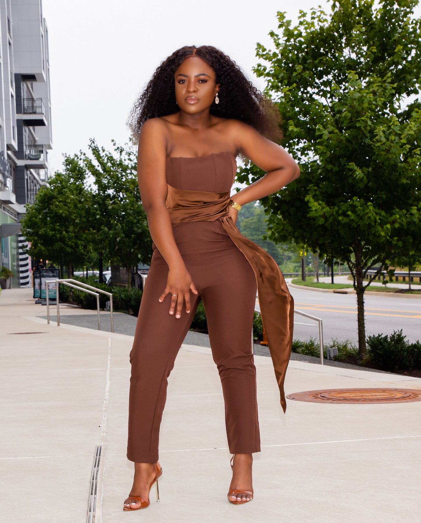 CHOCOLATE  BROWN  DRAPED BUSTIER SATIN JUMPSUIT