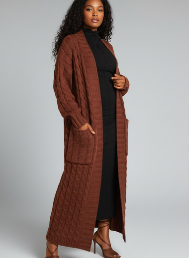 BROWN OVERSIZED MAXI CABLE KNITTED SWEATER CARDIGAN