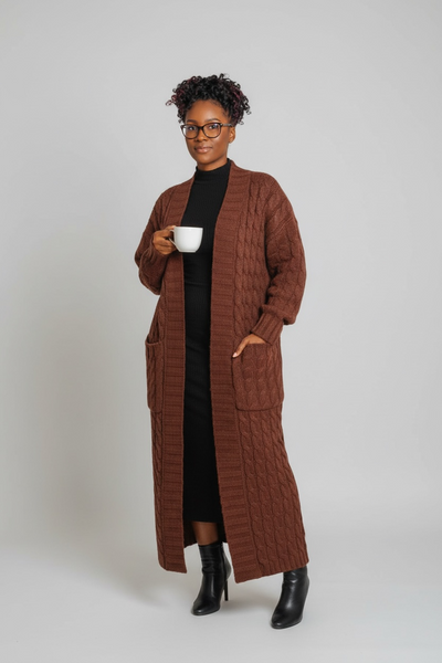 BROWN OVERSIZED MAXI CABLE KNITTED SWEATER CARDIGAN – Marcy Boutique