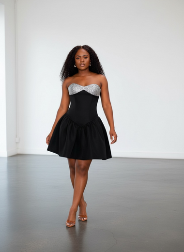 Silvia Black Crystal Bustier  Mini Dress