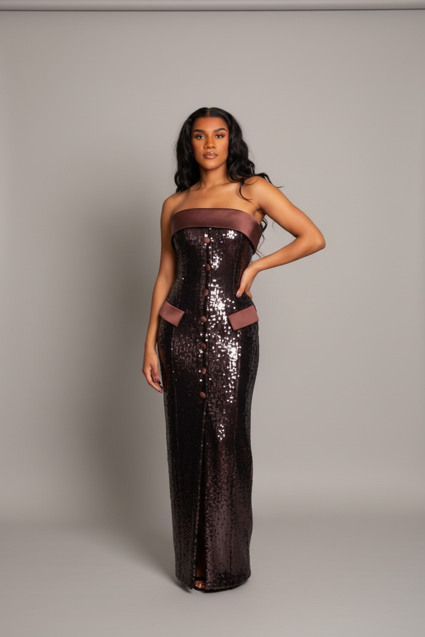 Joy  Burgundy Brown Sequin Maxi Pencil Dress
