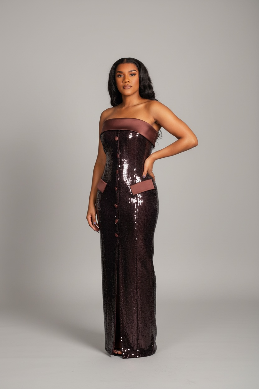 Joy  Burgundy Brown Sequin Maxi Pencil Dress