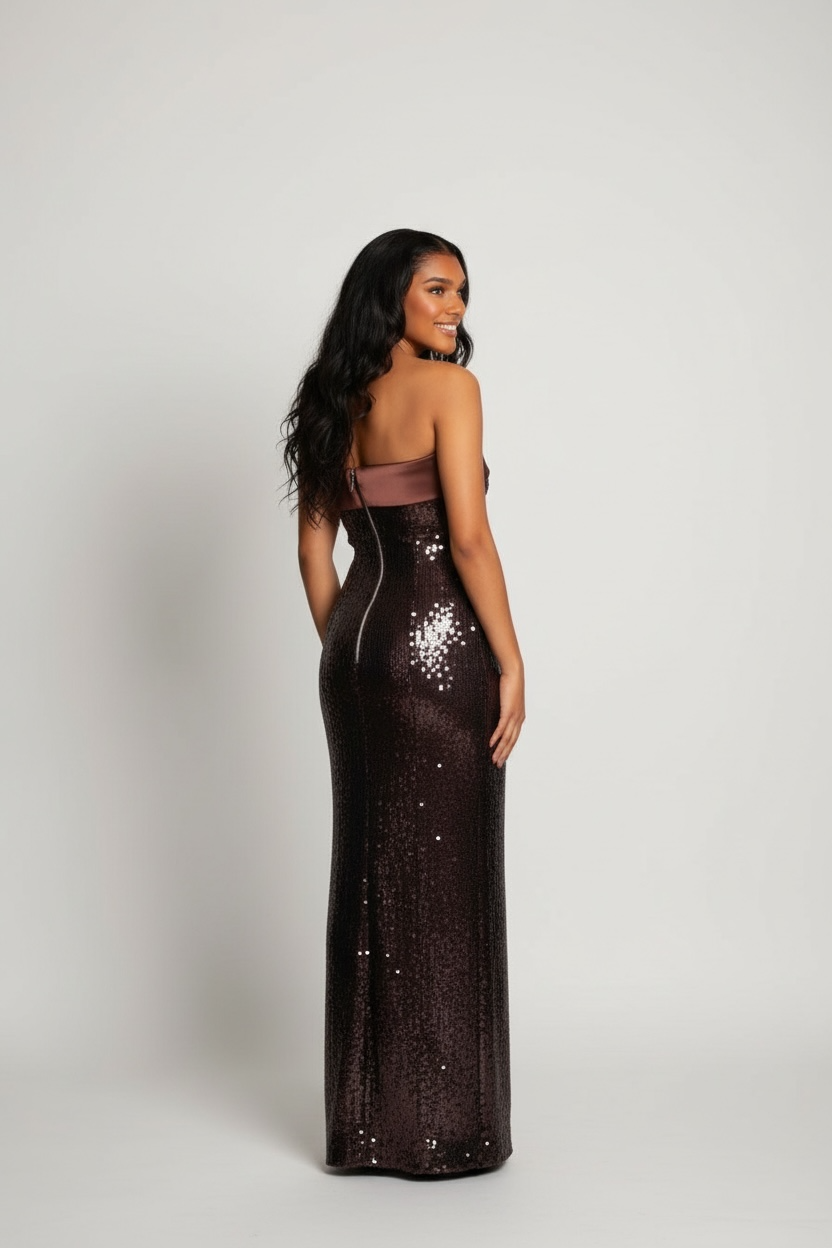 Joy  Burgundy Brown Sequin Maxi Pencil Dress