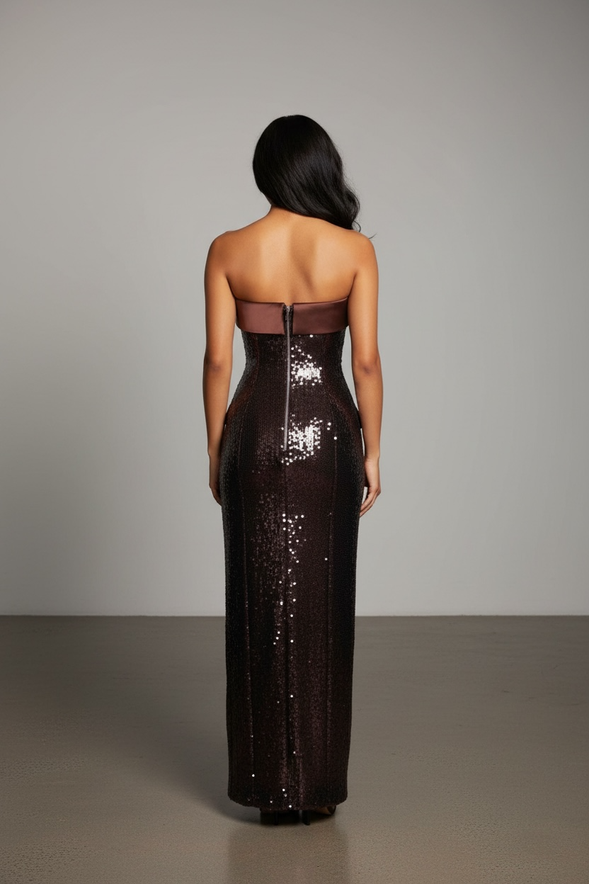 Joy  Burgundy Brown Sequin Maxi Pencil Dress
