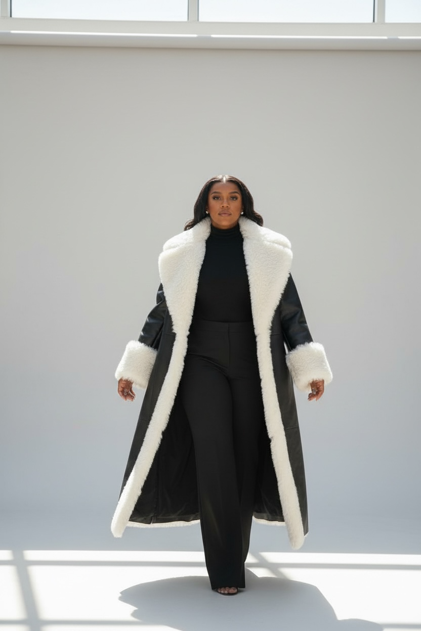 Jada White Faux Fur Trim Black Vegan Leather Coat