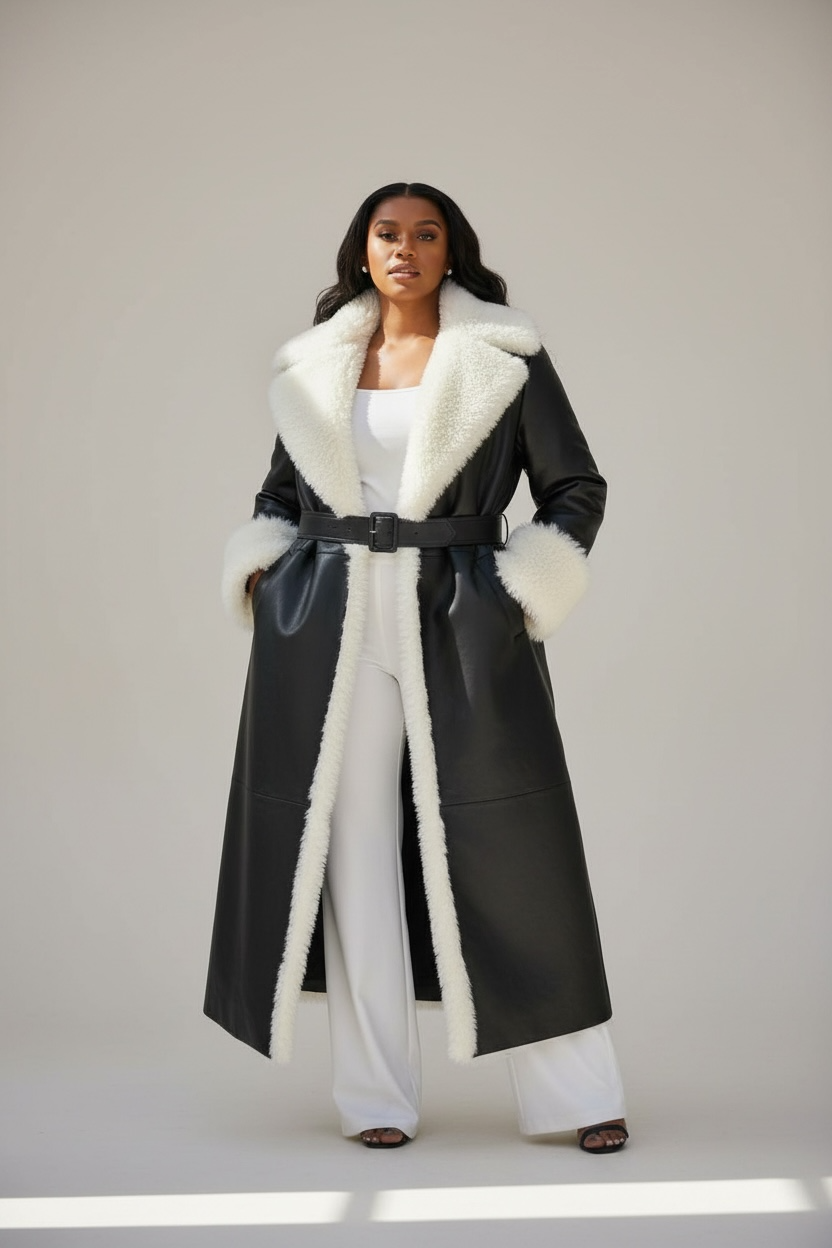 Jada White Faux Fur Trim Black Vegan Leather Coat