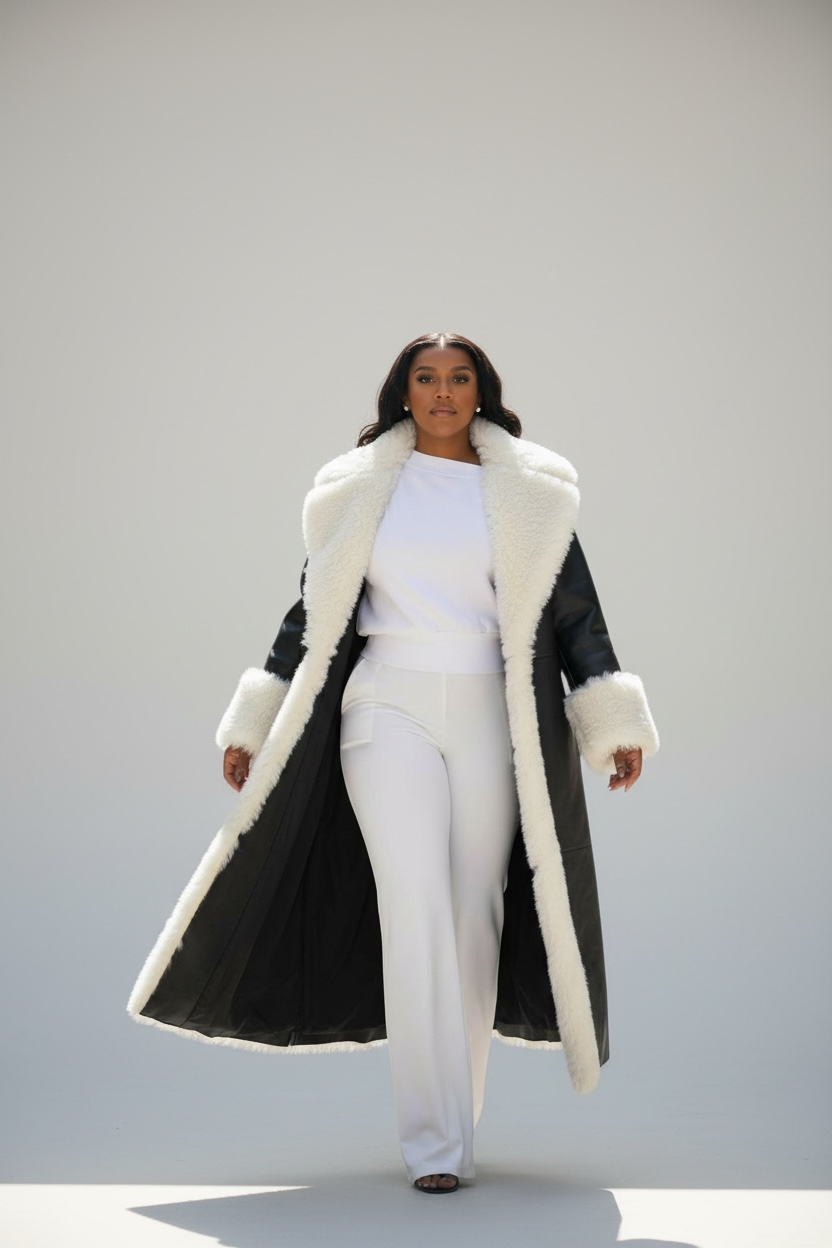 Jada White Faux Fur Trim Black Vegan Leather Coat
