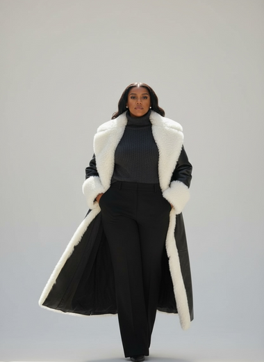 Jada White Faux Fur Trim Black Vegan Leather Coat