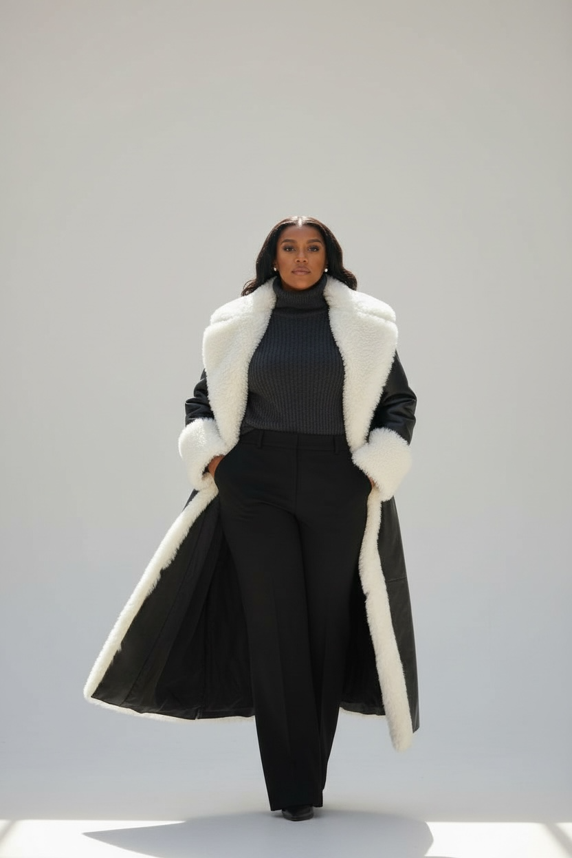 Jada White Faux Fur Trim Black Vegan Leather Coat