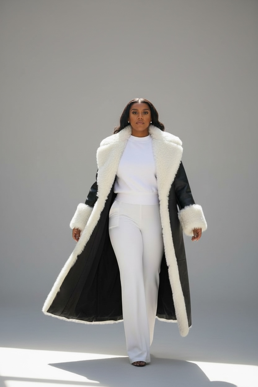Jada White Faux Fur Trim Black Vegan Leather Coat