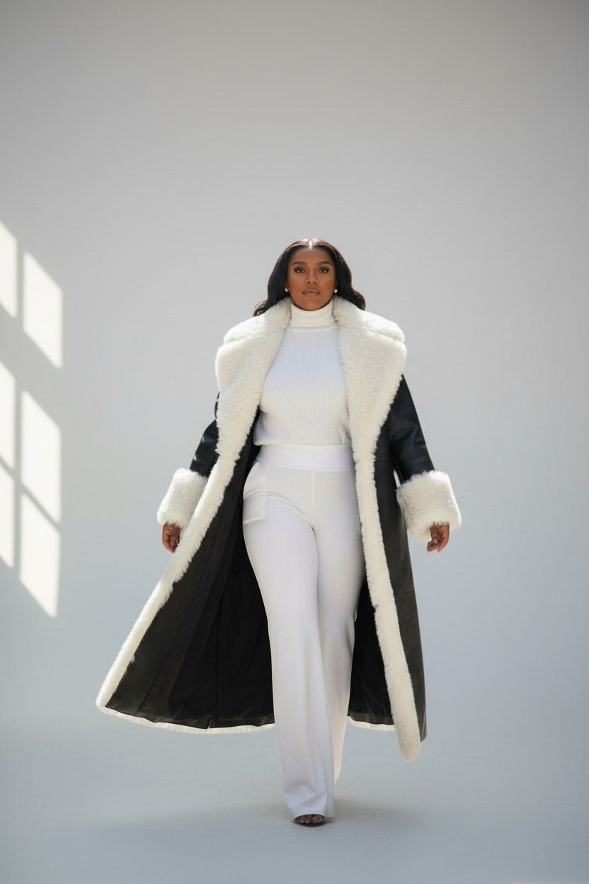 Jada White Faux Fur Trim Black Vegan Leather Coat
