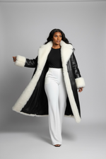 Jada White Faux Fur Trim Black Vegan Leather Coat