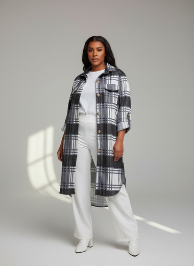 Black Checked Oversized Pocket Detail Shirt Jacket Marcy Boutique Elegant Black And White Puff Sleeve Dress