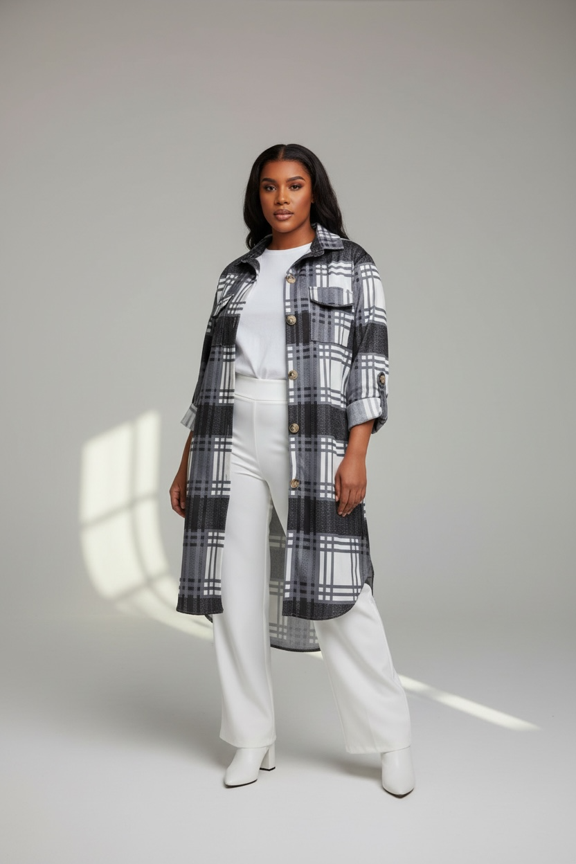 Black Checked Oversized Pocket Detail Shirt Jacket Marcy Boutique Elegant Black And White Puff Sleeve Dress